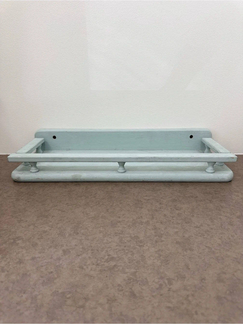 Vintage-Inspired Light Blue Painted Wood Wall Shelf Spindle Gallery Rail 20 x 8”